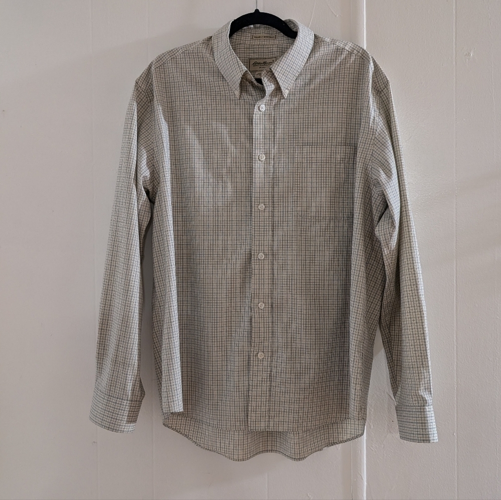 Eddie Bauer Men's  Wrinkle Rest Beige Checkered Button Down Shirt Size L